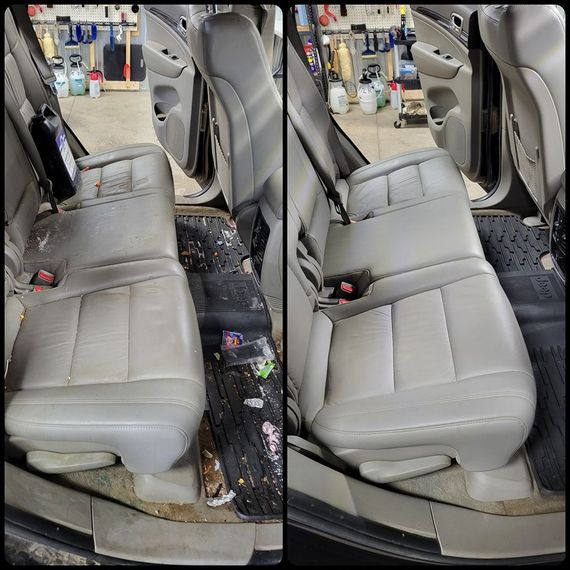 A before and after picture of the back seat of a car.