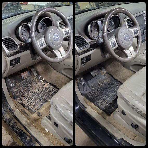 The interior of a jeep grand cherokee before and after being cleaned