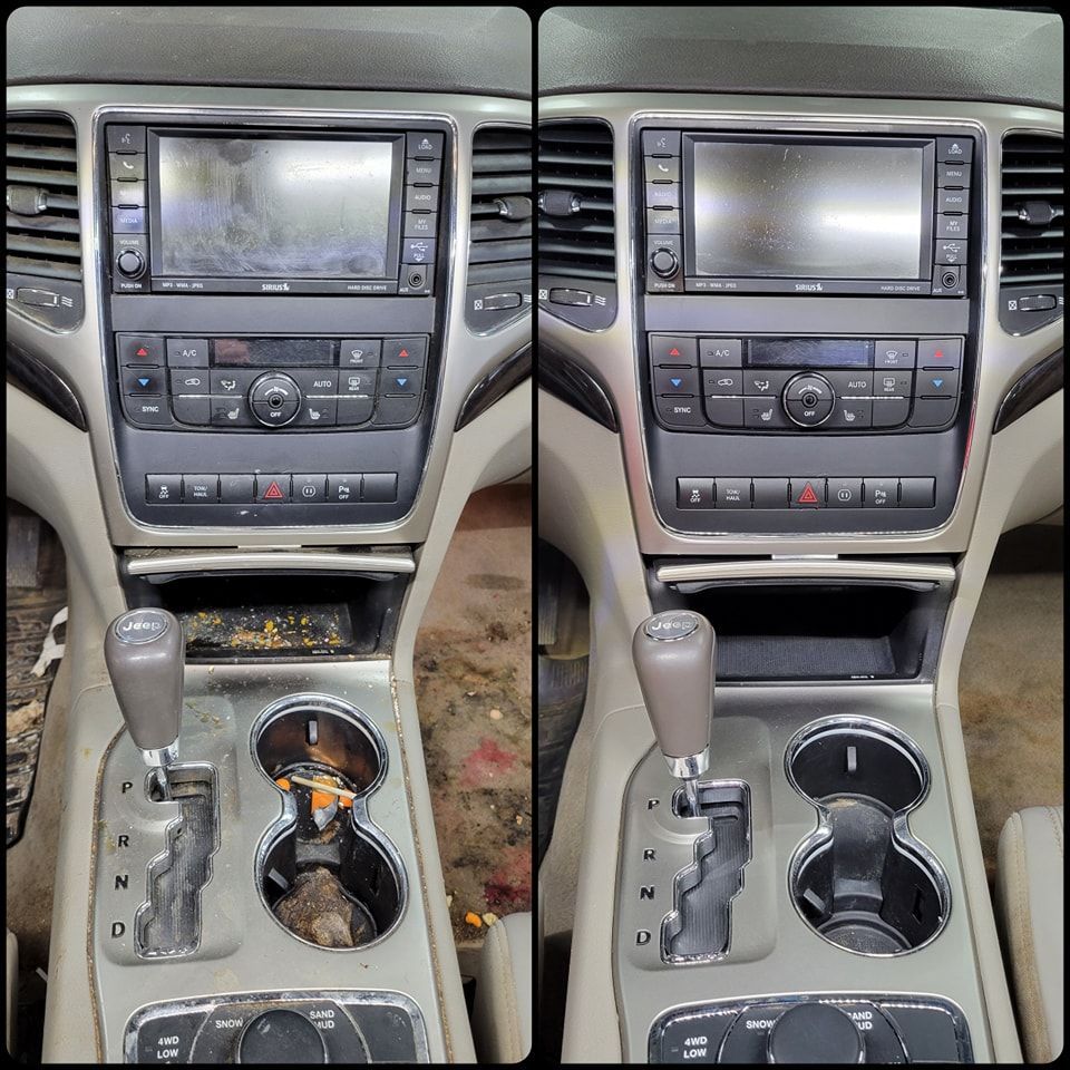 A picture of a car dashboard before and after being cleaned.