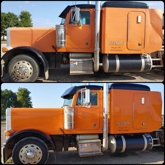 Two pictures of an orange semi truck that says peterbilt on the side