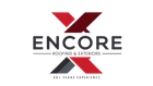The logo for encore roofing and exteriors is a red and black x.