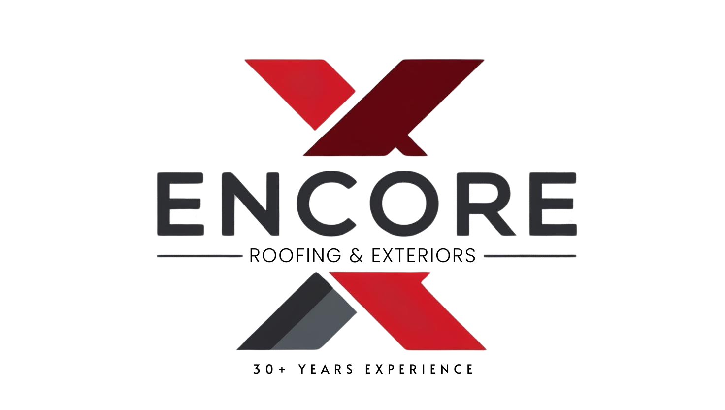 The logo for encore roofing and exteriors is a red and black x.