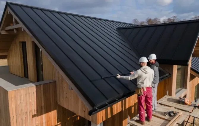 Two men are working on the roof of a wooden house.