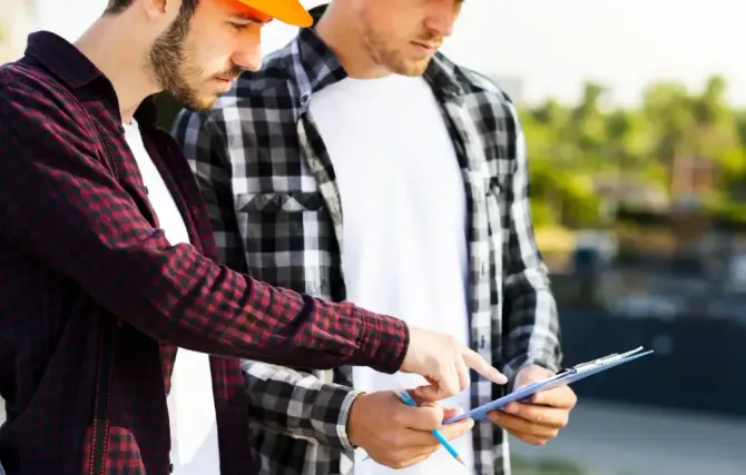 Two men in hard hats are looking at a clipboard.