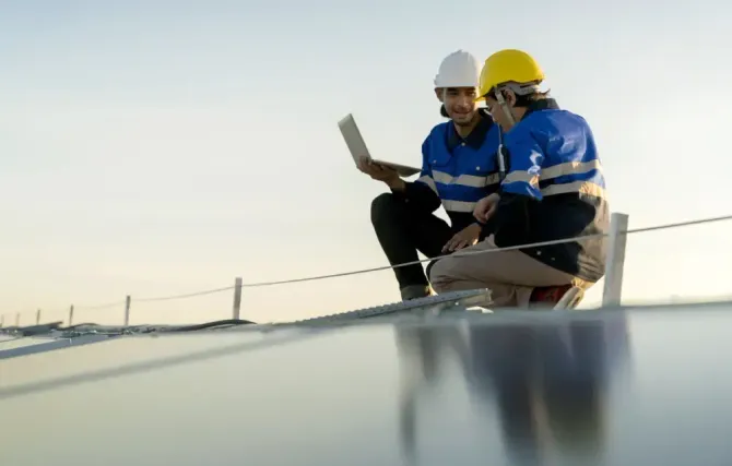 A man and a woman are sitting on top of a solar panel.