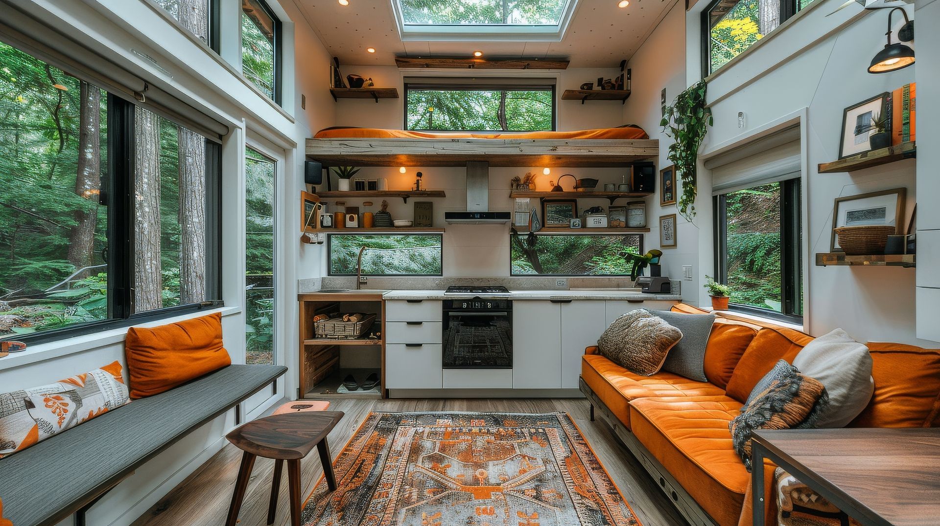 A living room with a couch and a kitchen in a small house.