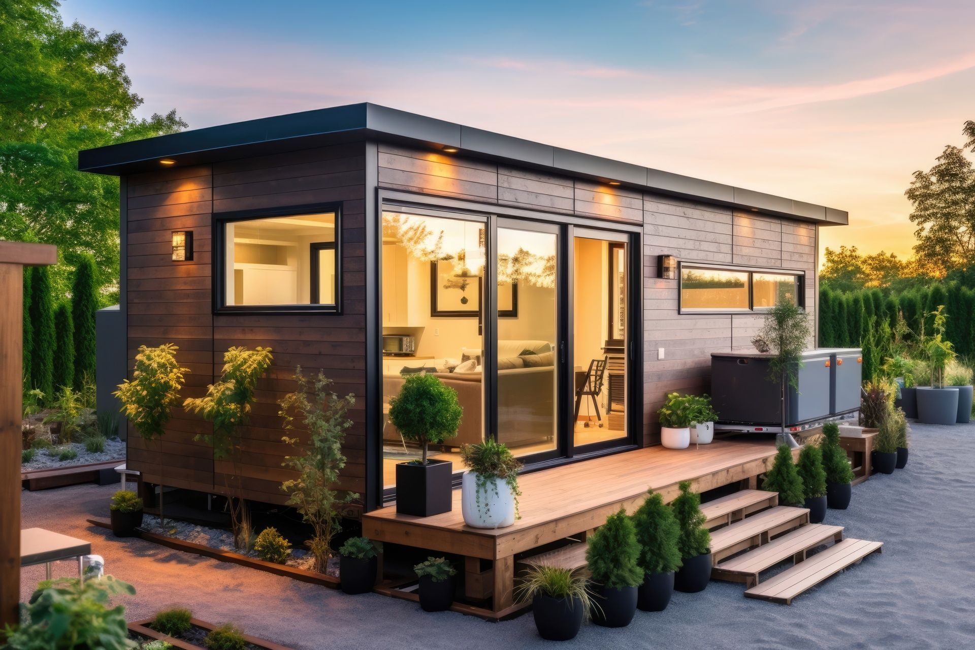 A small house with a deck and stairs in the backyard.