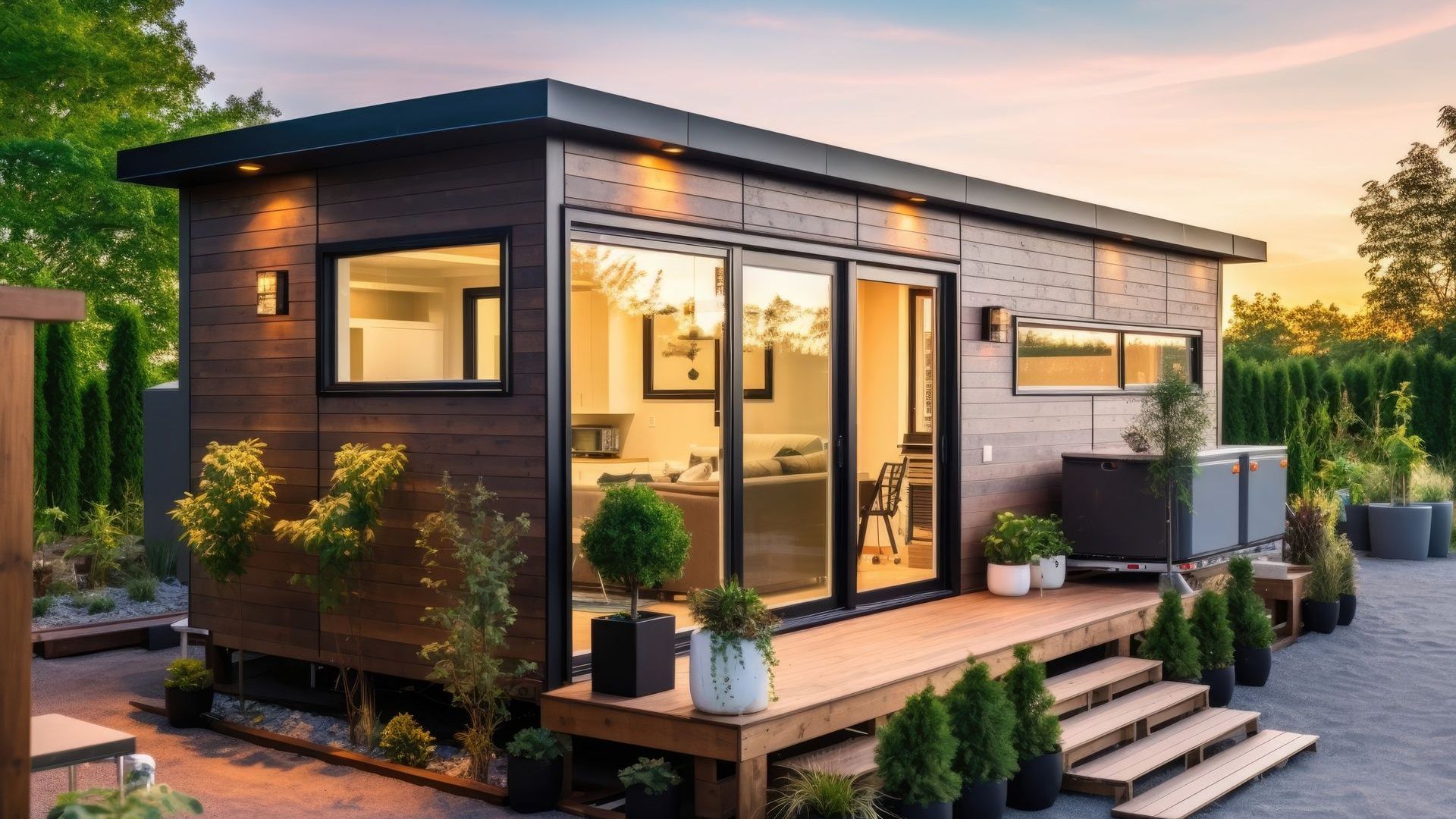 A small house with a deck and stairs in front of it.