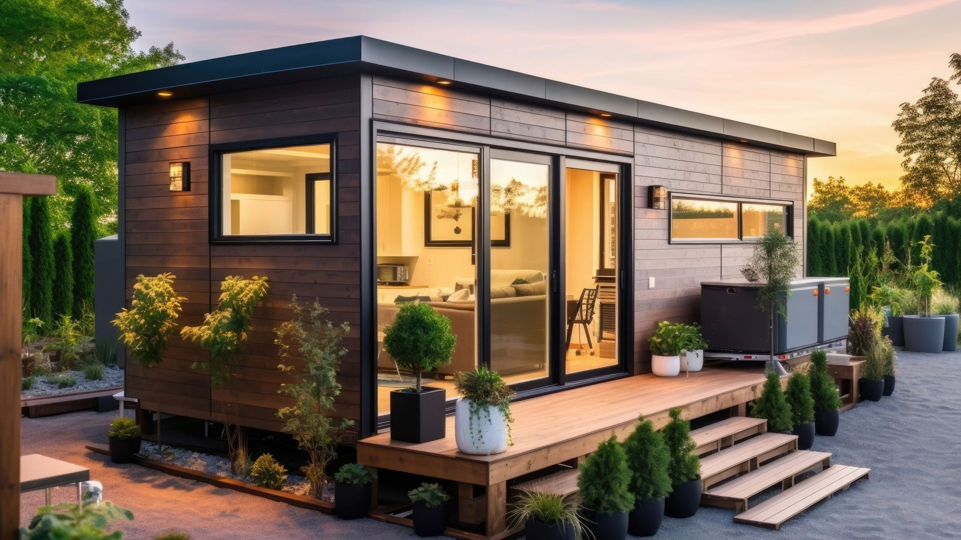 A small house with a deck and stairs in the backyard.