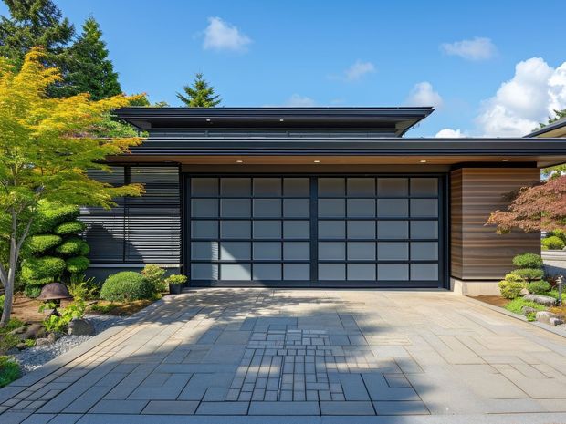 A modern house with a large garage door and a driveway.