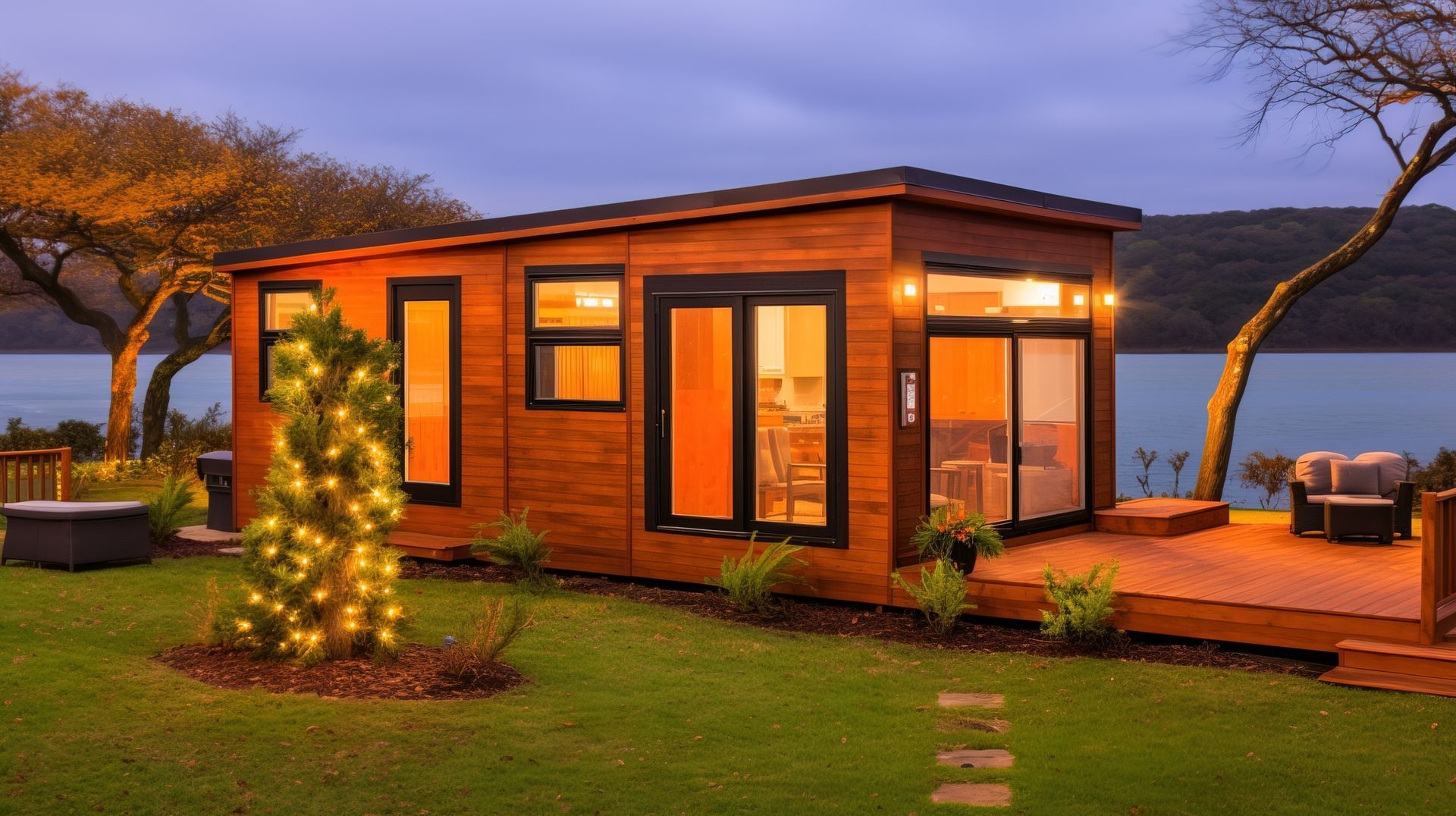 A small wooden house is sitting on top of a lush green lawn next to a body of water.