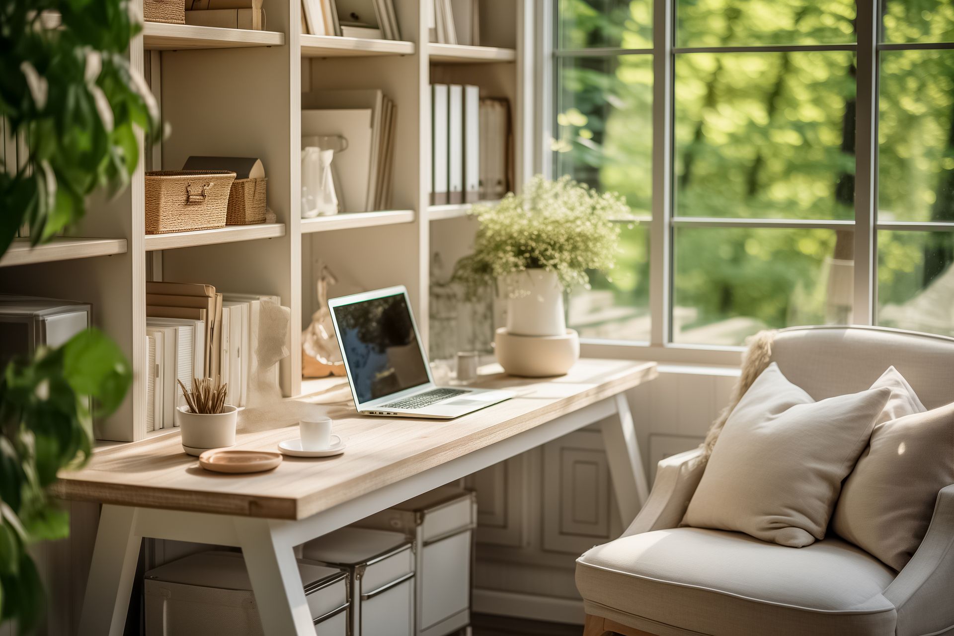 A home office with a laptop on a desk and a chair.