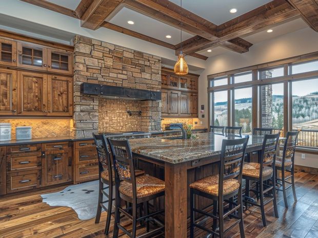 A kitchen with a large island and lots of windows.