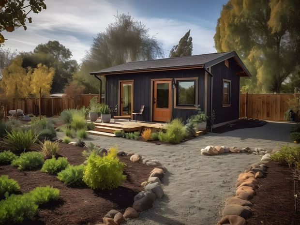 A small black house with a wooden deck in the backyard