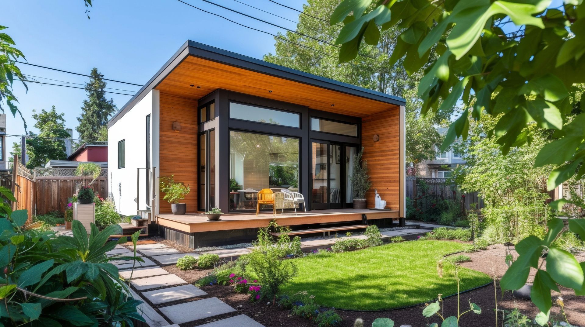 A small house with a lot of windows is sitting in the middle of a lush green yard.