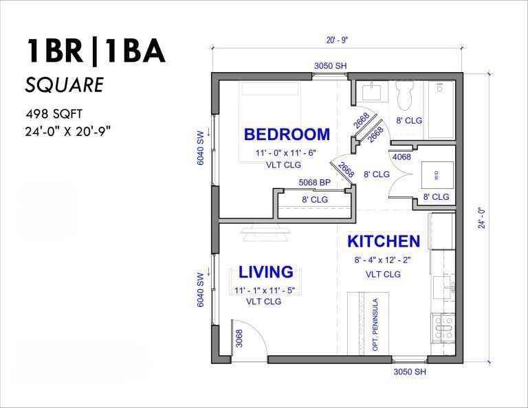 A floor plan of a 1br 1ba square apartment