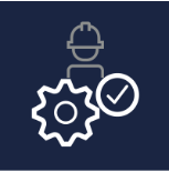 A gear with a check mark and a hard hat on a blue background.