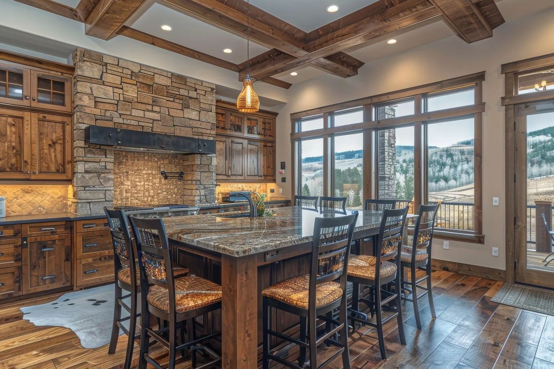 A kitchen with a large island and lots of windows.