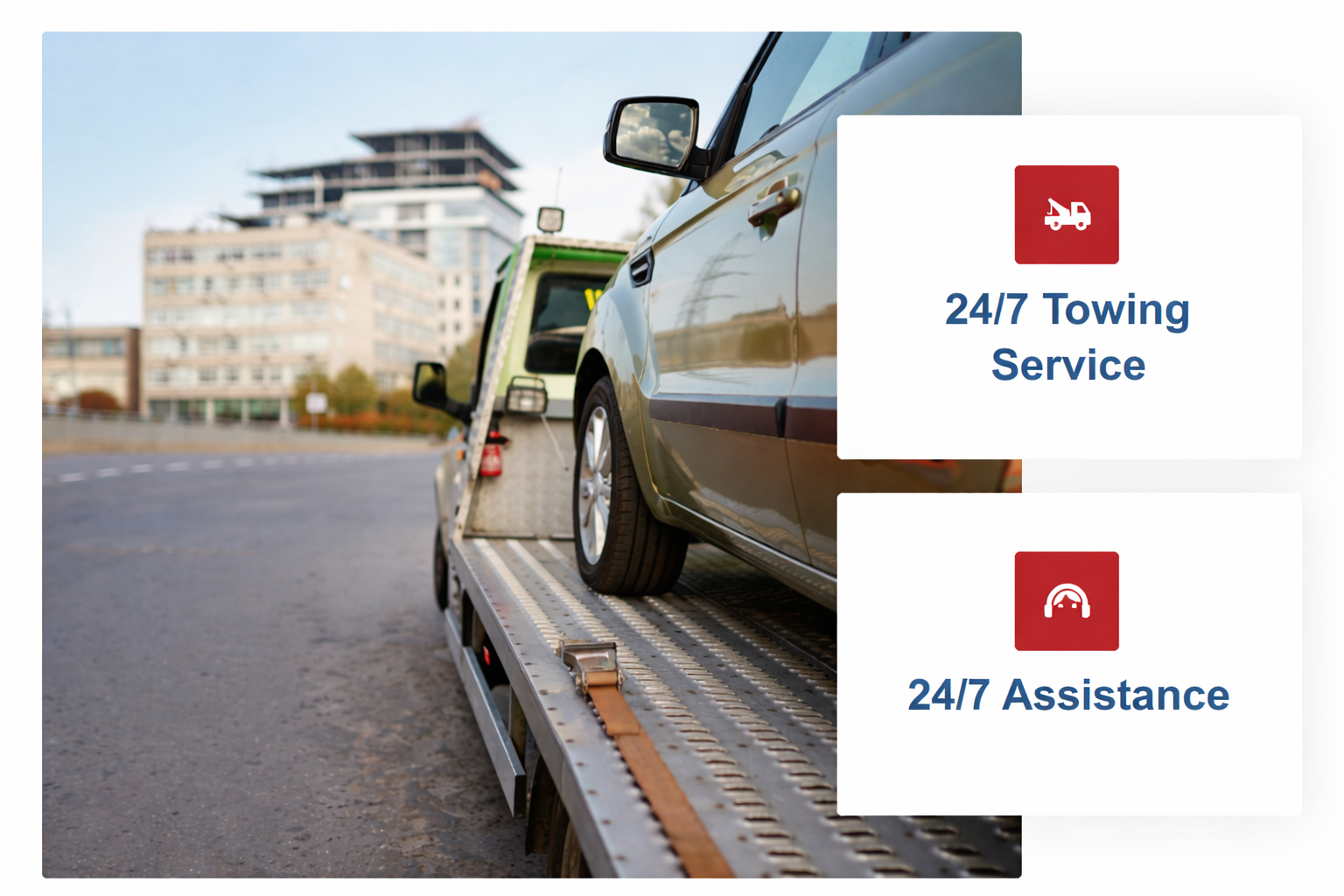 Tow truck loading a car, with two icons: 24/7 Towing Service and 24/7 Assistance.