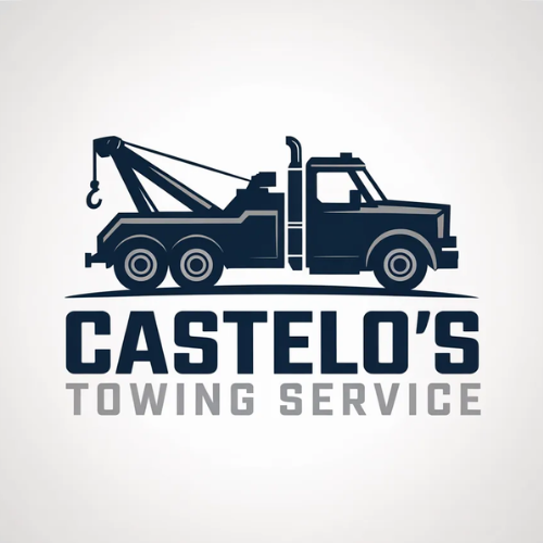 Castelo's Towing Service logo with a dark blue tow truck, black text, and a gray background.