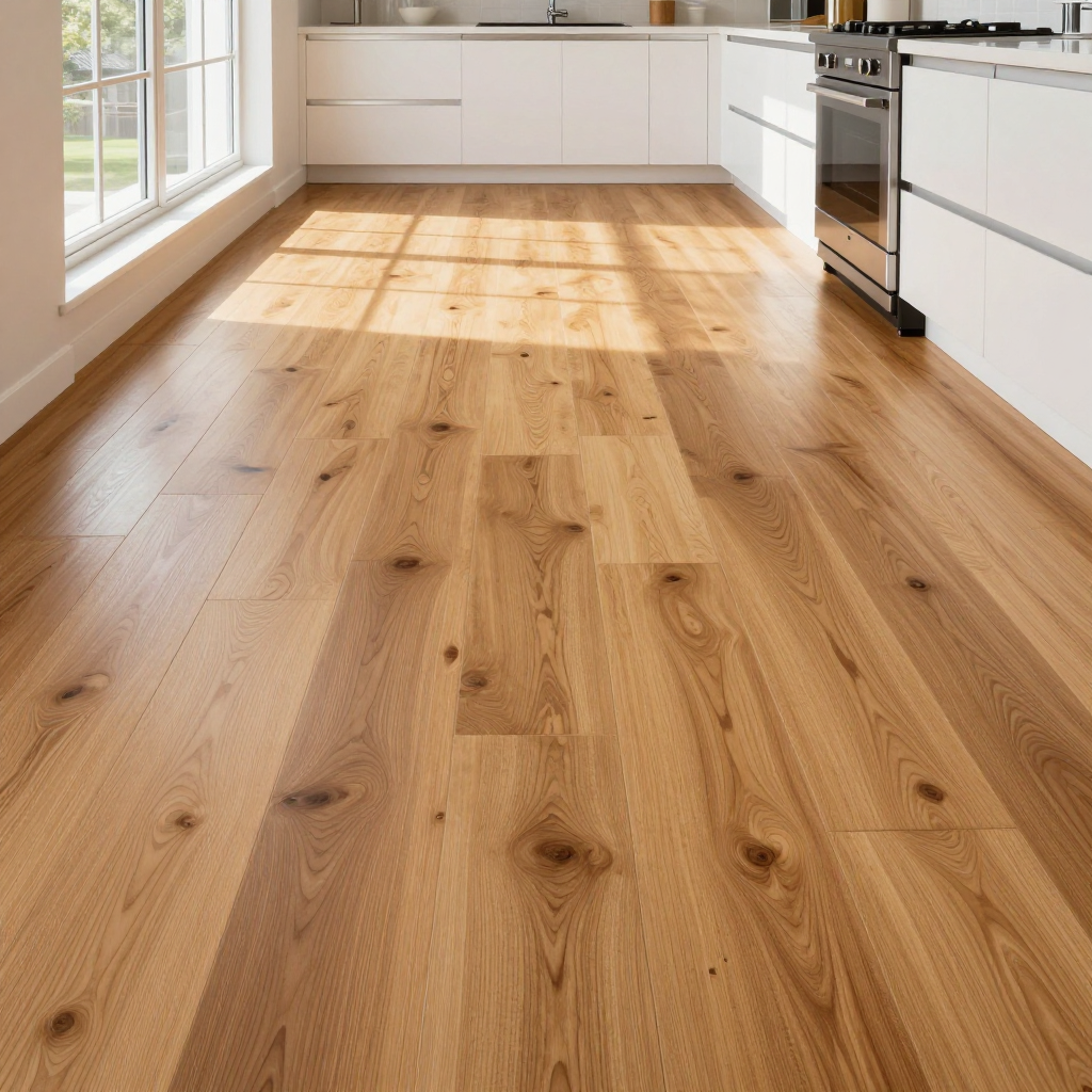 A kitchen with light wood plank flooring, white cabinetry, and a window letting in natural sunlight.