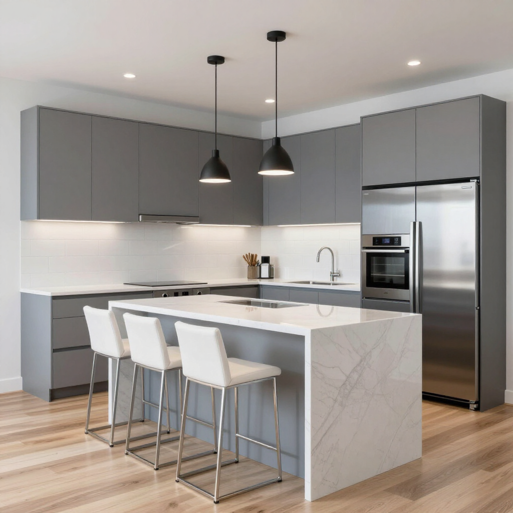 Modern kitchen with gray flat-panel cabinets, white marble island with three white stools, and hardwood floors.