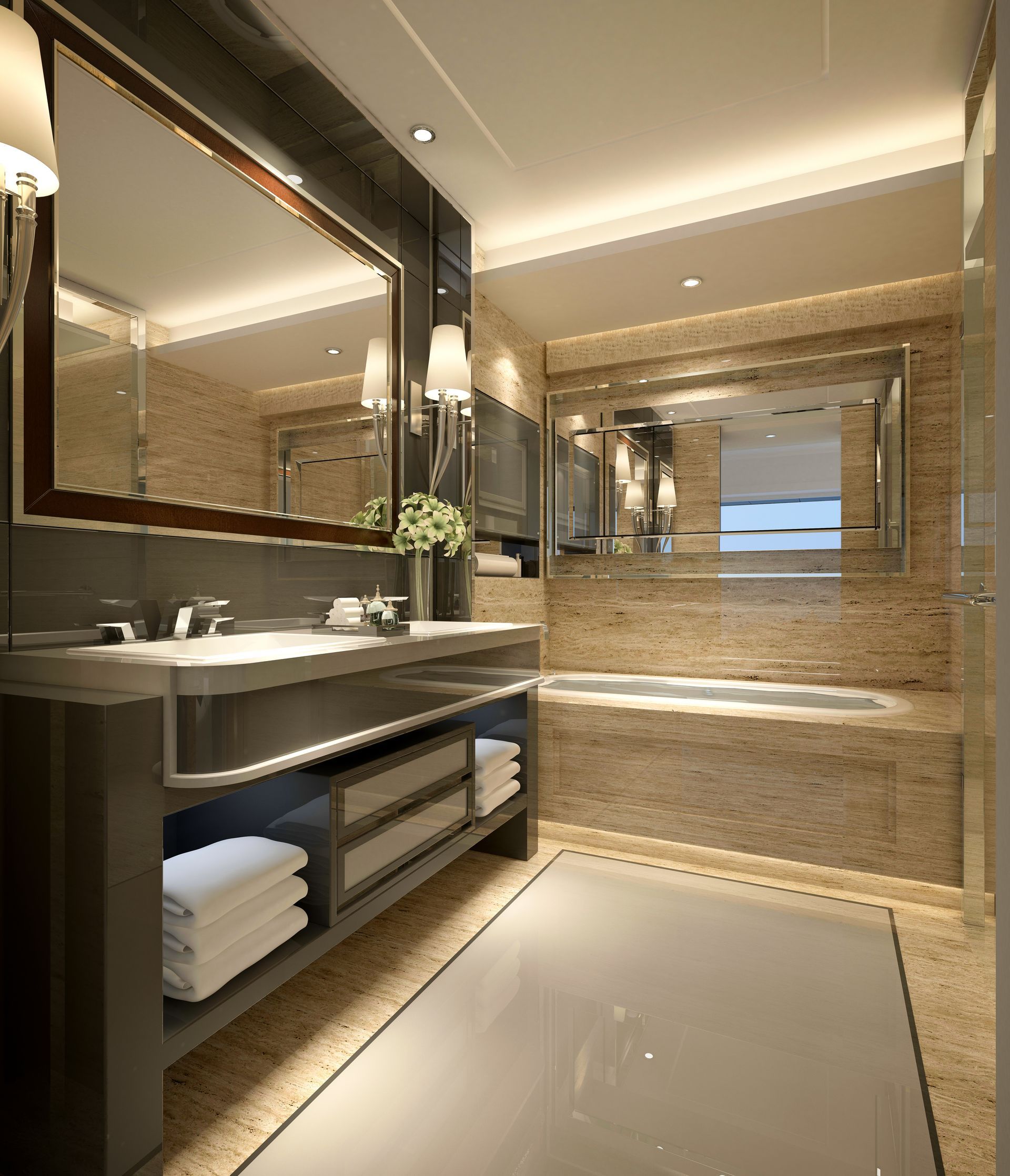 Modern bathroom with a dark vanity, white towels, a rectangular mirror, and a tiled bathtub under ambient lighting.