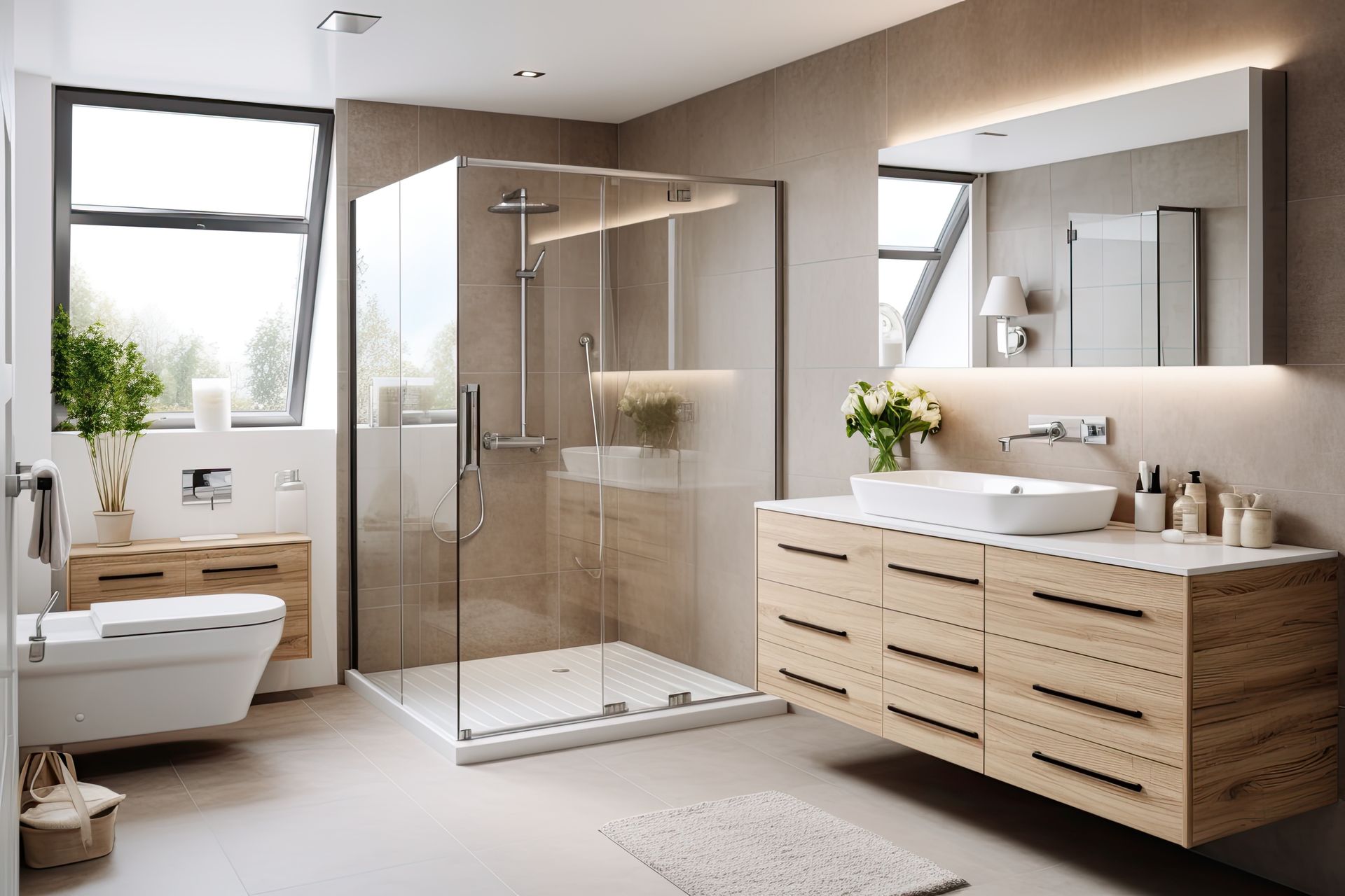 Modern bathroom featuring a wood-tone vanity, large mirror, glass-enclosed shower, and wall-mounted toilet.