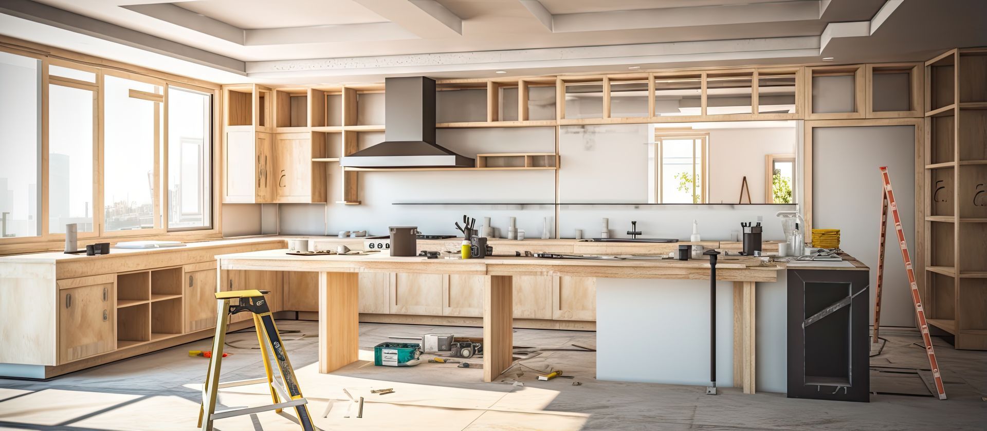 An unfinished kitchen remodel with wood cabinetry, a range hood, and construction ladders in a bright, open space.