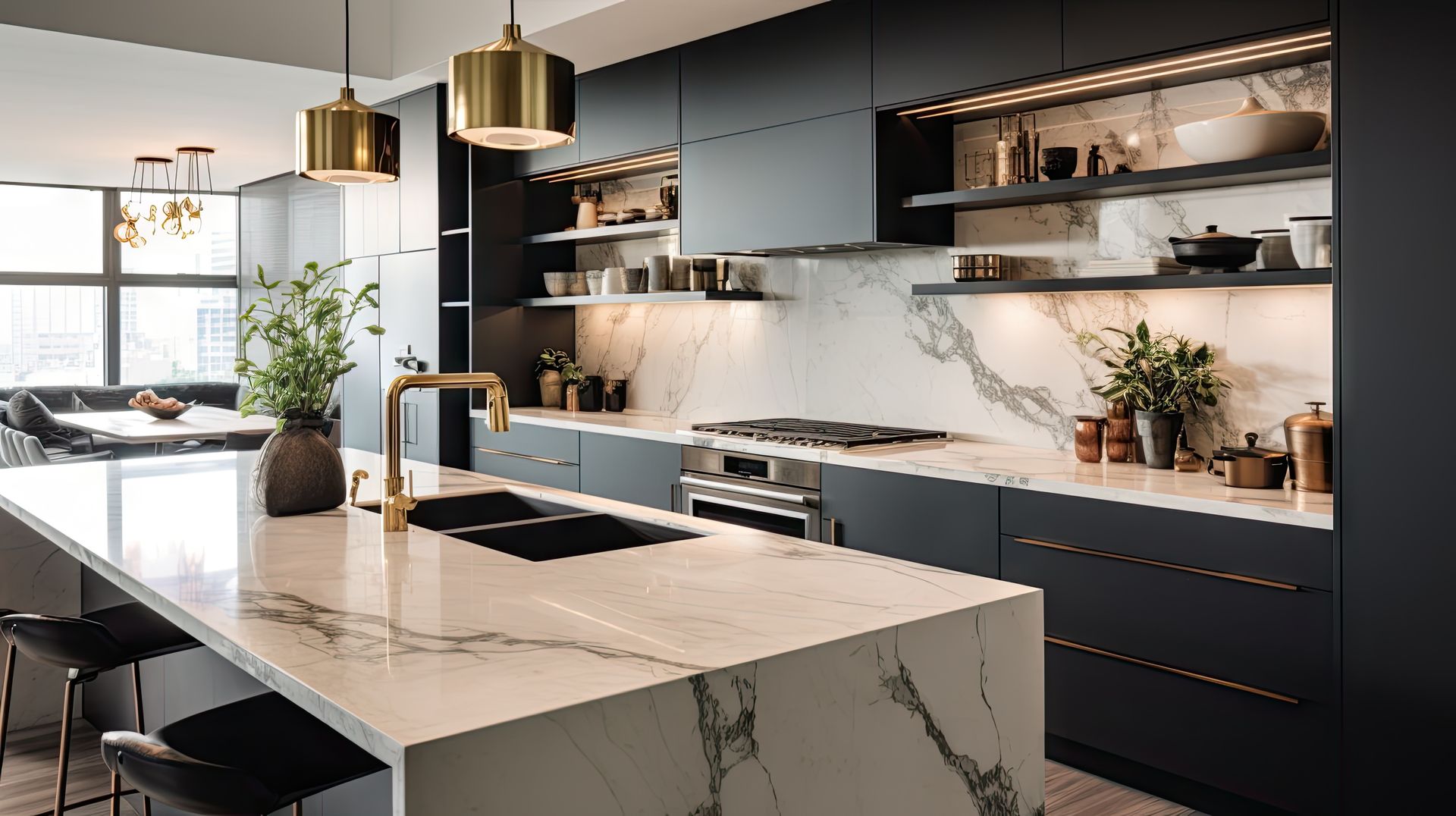 Modern kitchen with matte black cabinetry, a white marble island with a gold faucet, and open shelving with warm lighting.