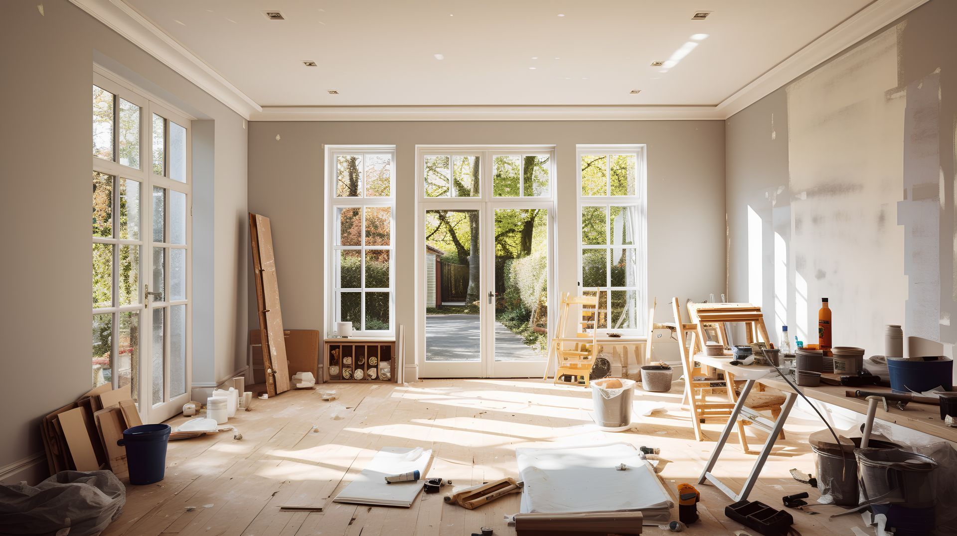 A bright room under renovation with light wood floors, large windows, and construction materials scattered throughout. A bright room under renovation with light wood floors, large windows, and construction materials scattered throughout.