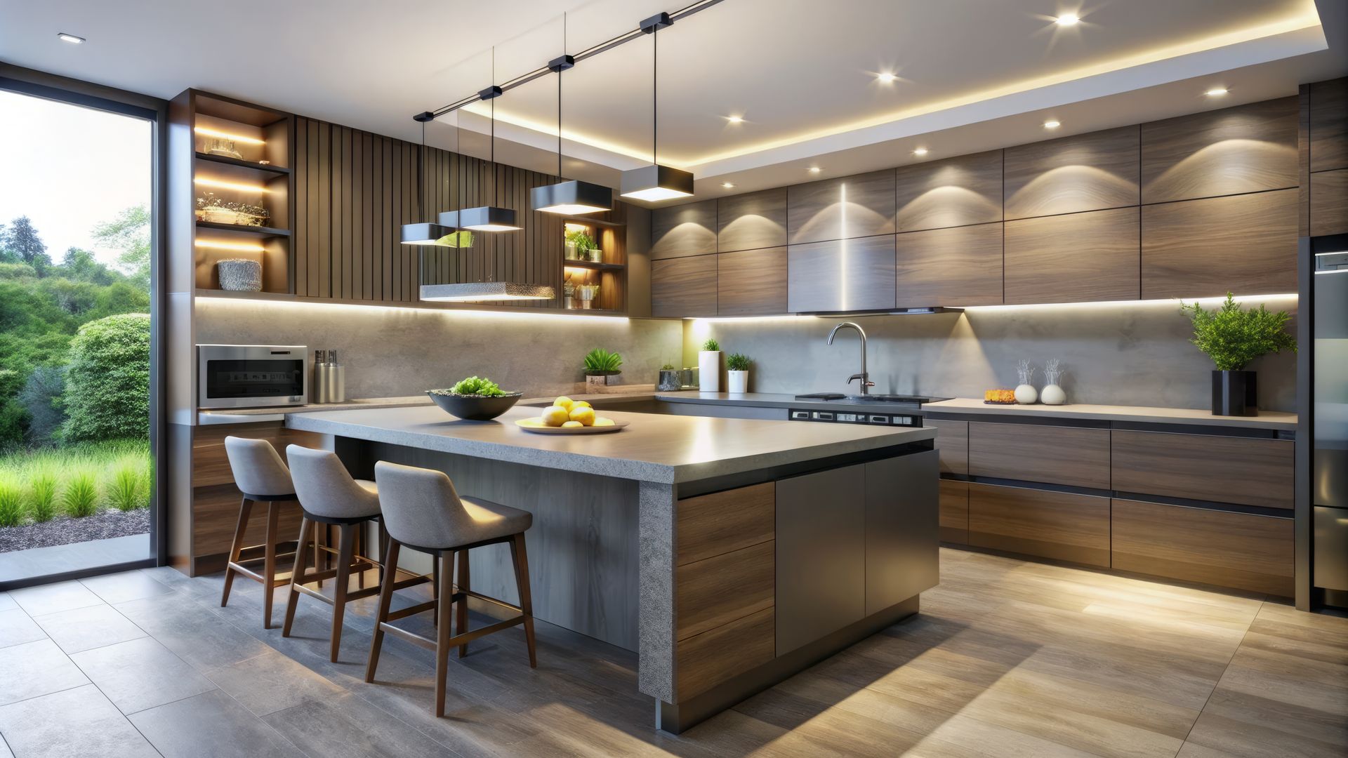 Modern kitchen with wood cabinetry, a large island with three bar stools, and a large window looking out at greenery.