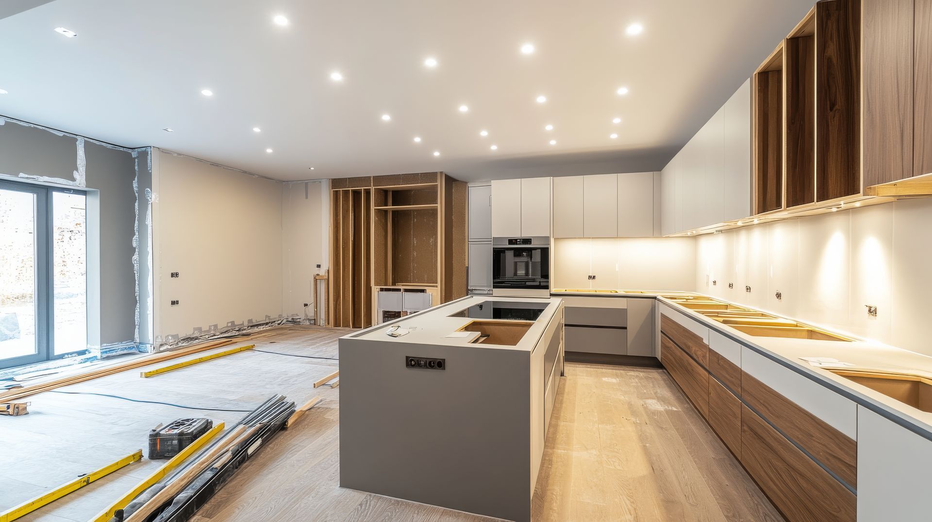 An under-construction kitchen with a central island, grey and wood-toned cabinetry, and recessed ceiling lighting.
