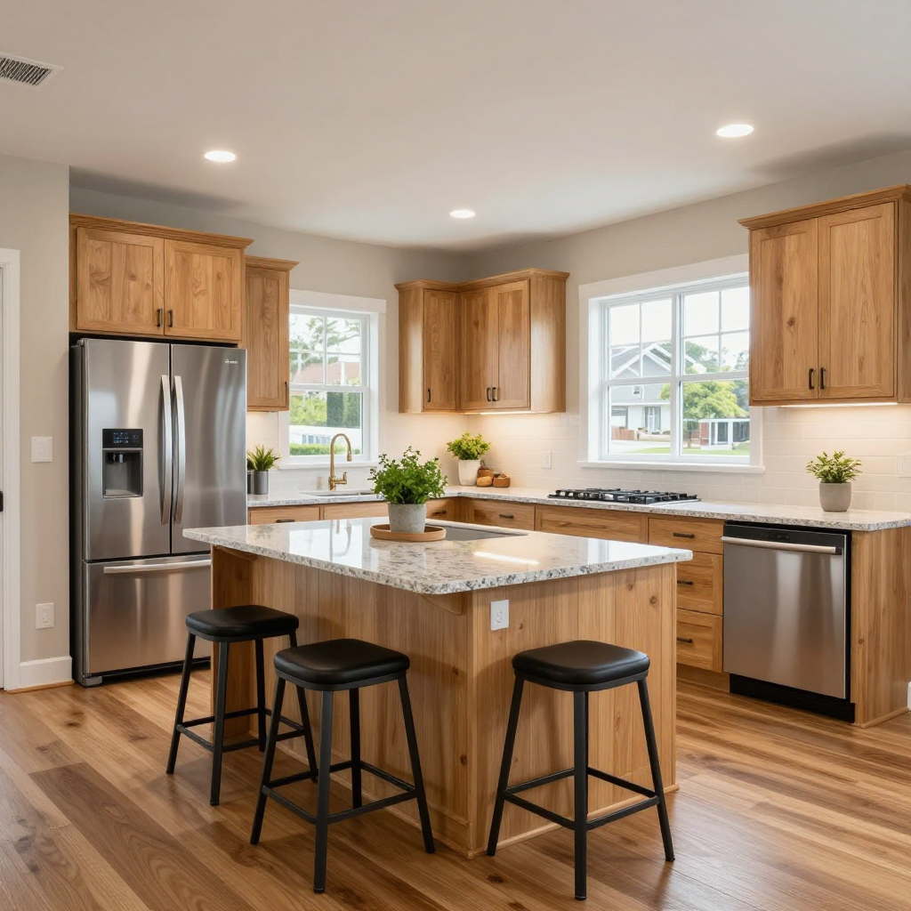 Modern kitchen with light wood cabinets, granite countertops, a center island with three stools, and stainless appliances.
