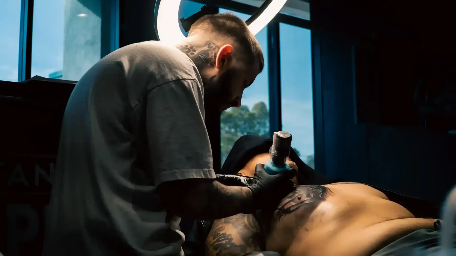 Large-scale chest tattoo in progress at Black Rhino Tattoos Las Vegas
