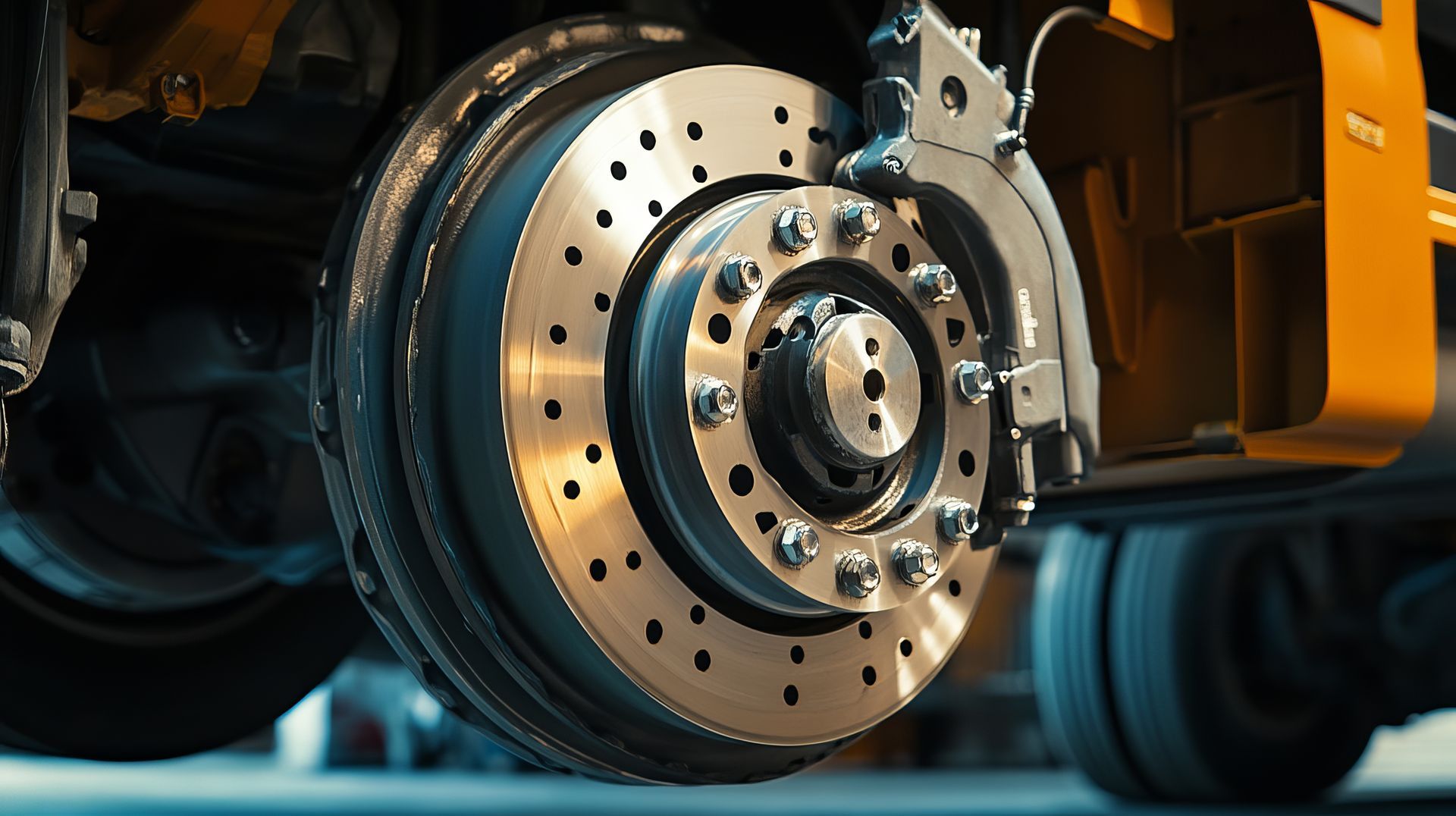 Close-up of a train wheel with a perforated brake rotor, caliper, and associated hardware.
