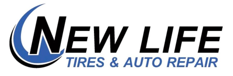 Logo for "New Life Tires & Auto Repair," black text on white background with blue crescent graphic.