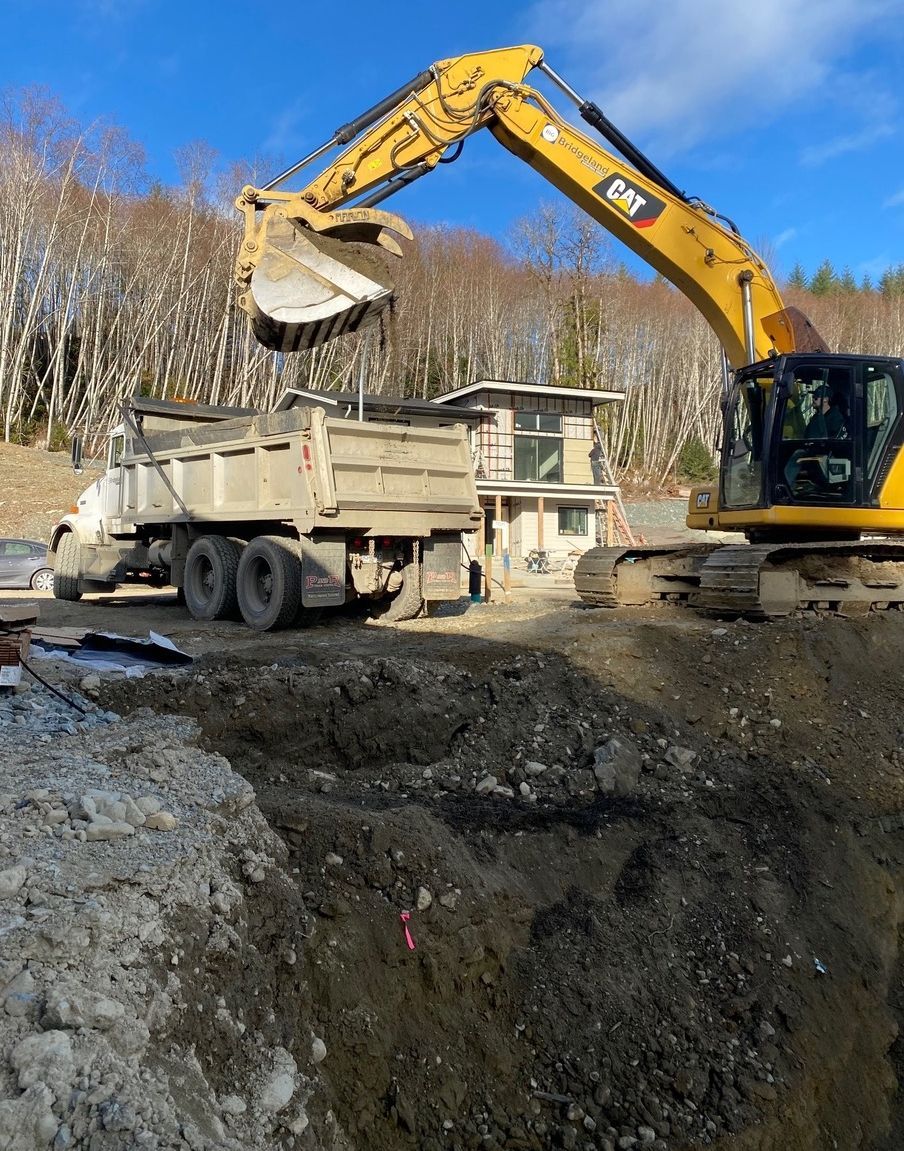 excavator and dump truck land clearing