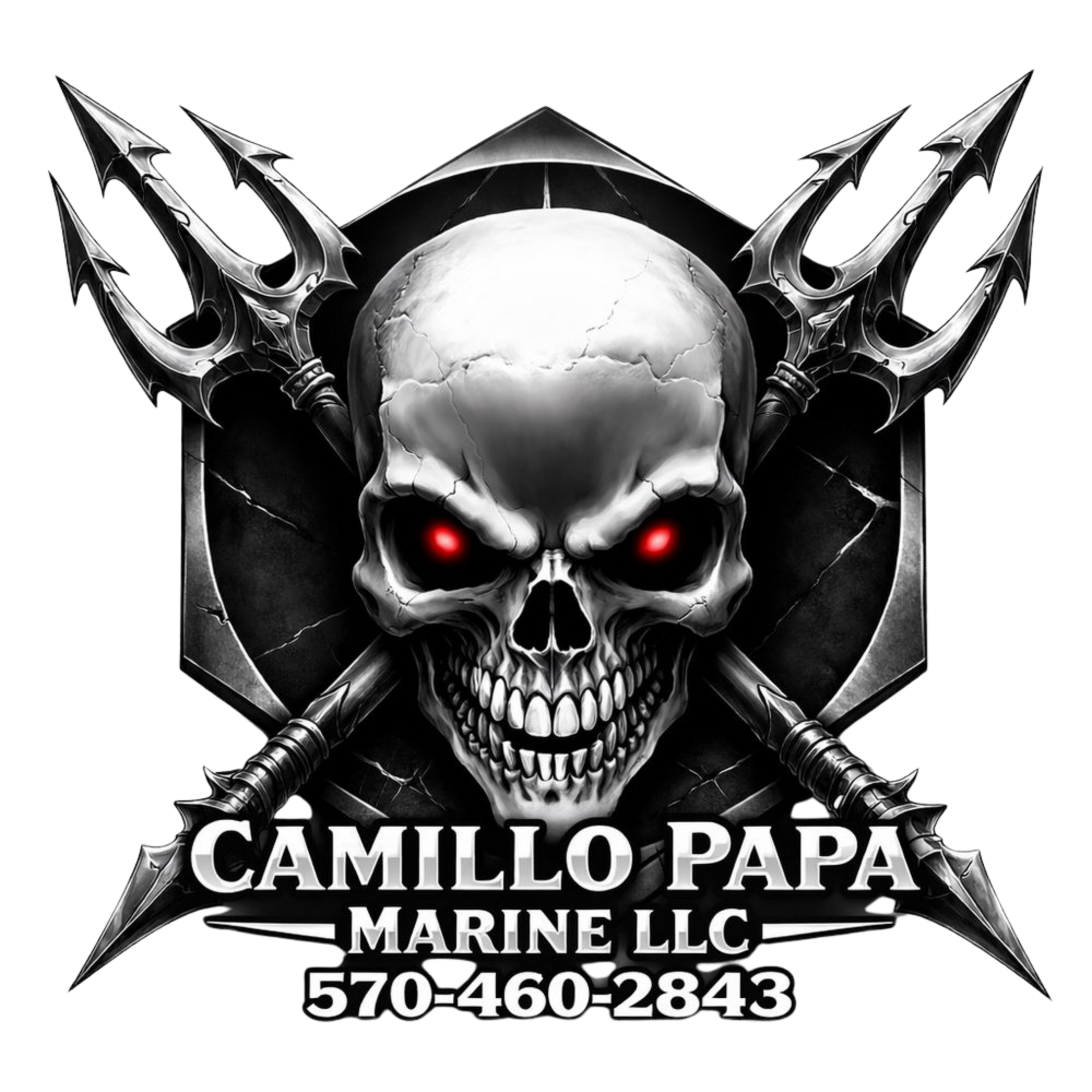 Logo for Camillo Papa Marine LLC featuring a human skull with glowing red eyes in front of crossed tridents.