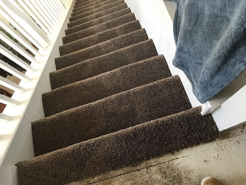 A person is standing on a set of stairs with brown carpet.