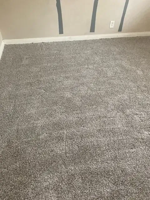 A room with a gray carpet and a striped wall.
