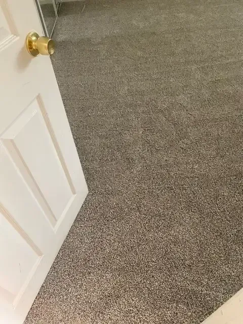 A door is open to a room with a carpeted floor.