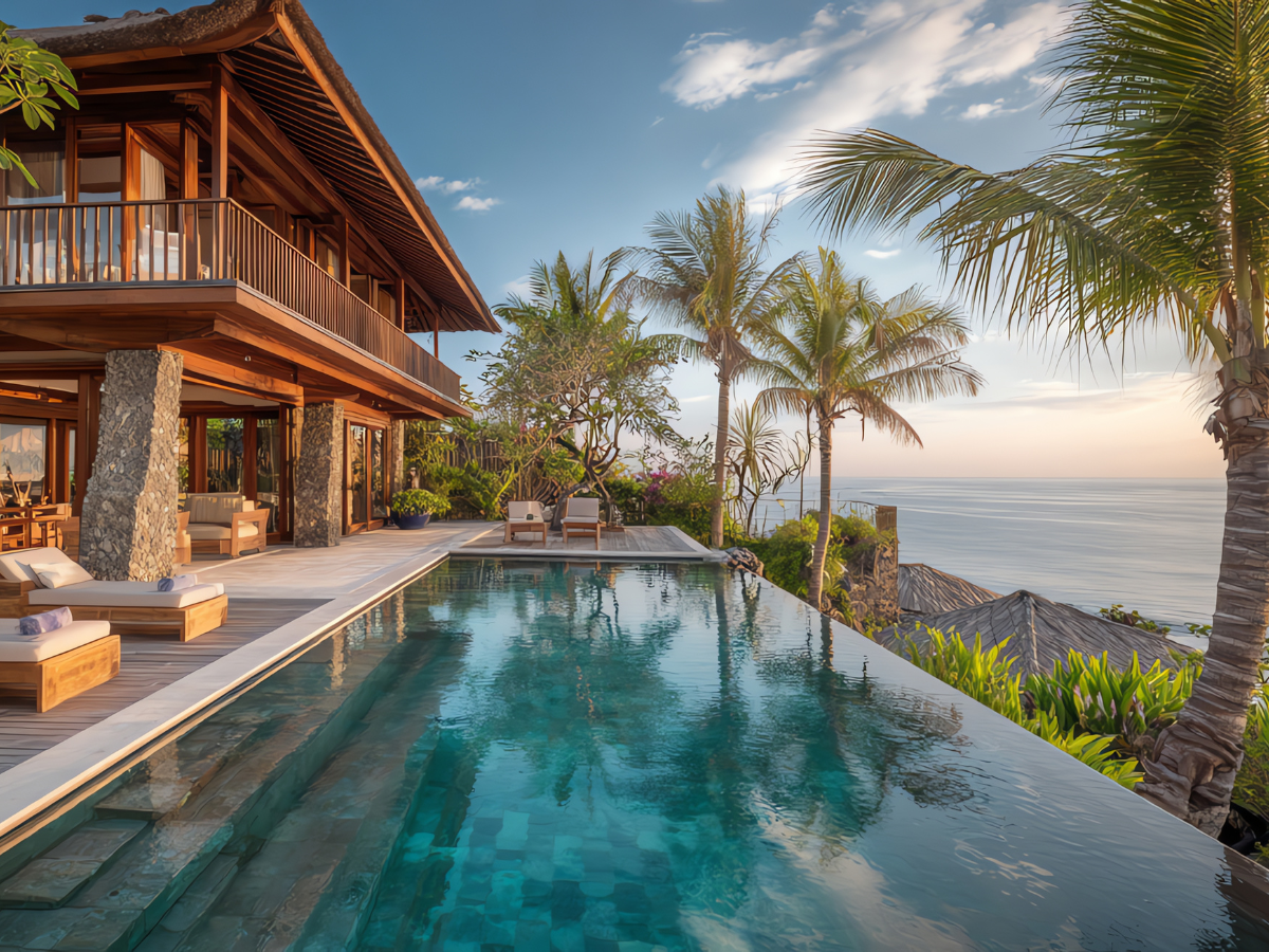 Luxury wooden villa with infinity pool overlooking ocean and palm trees.