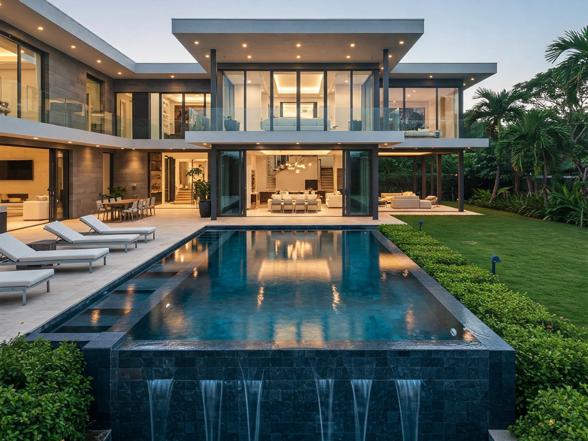 Modern luxury home with pool, glass walls, and lush green lawn at dusk.