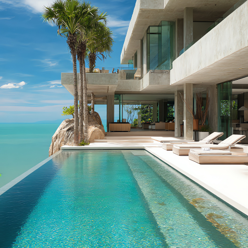 Luxury home with infinity pool overlooking ocean, palm trees, and clear sky.