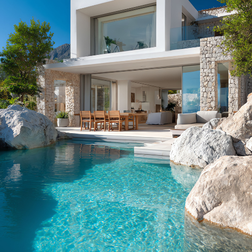 Modern villa with turquoise pool and stone accents.