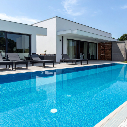Pool and modern white building with sliding doors; lounge chairs sit poolside, blue water.