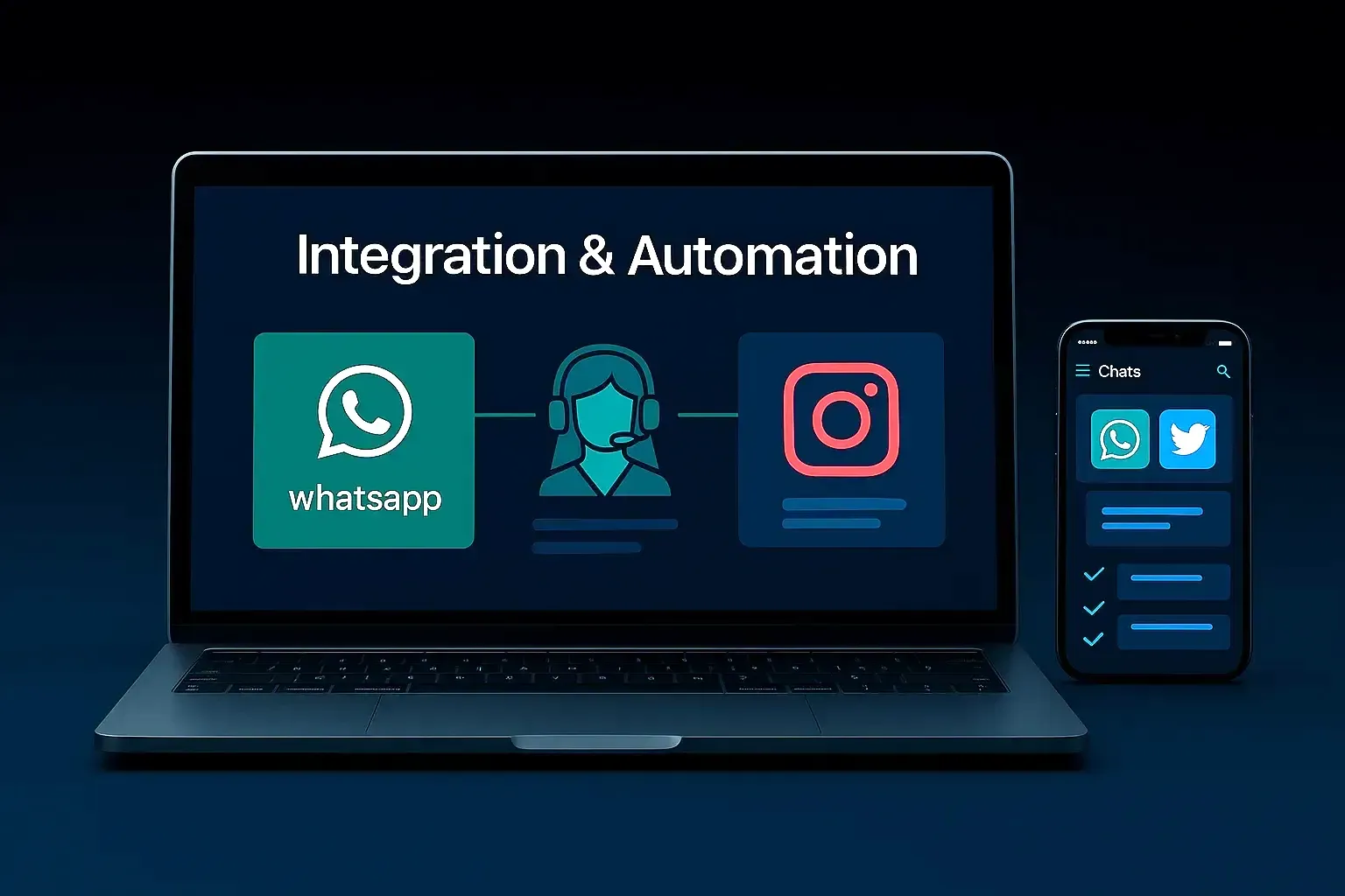 Imagen de laptop y smartphone con gráficos de automatización de asistentes virtuales conectados a WhatsApp e Instagram, usada en servicios de integración digital de AgantMedia.