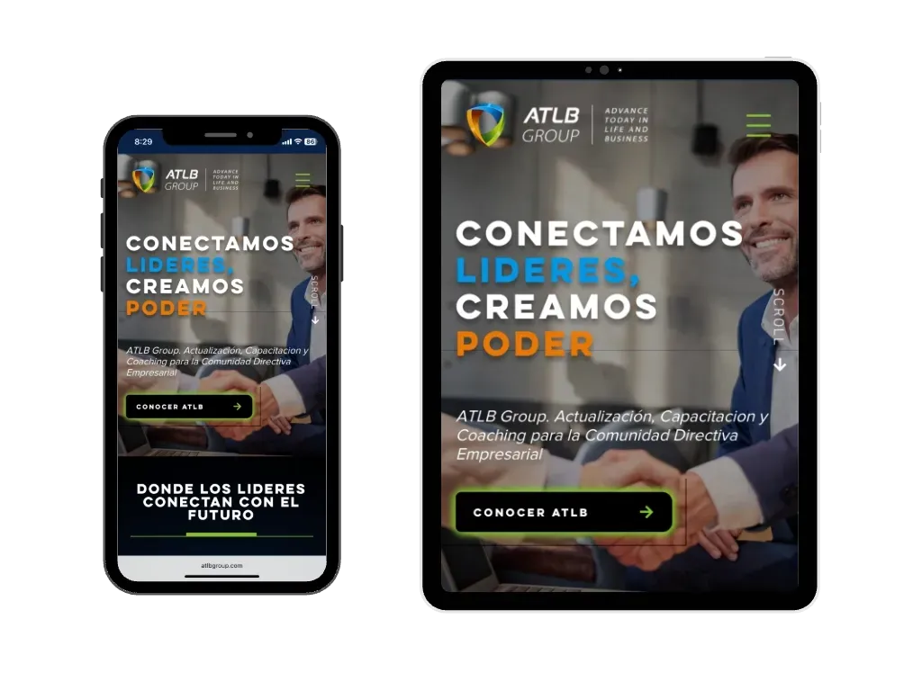 Versión móvil del sitio ATLB Group optimizada por AGANTMEDIA para experiencia responsiva
