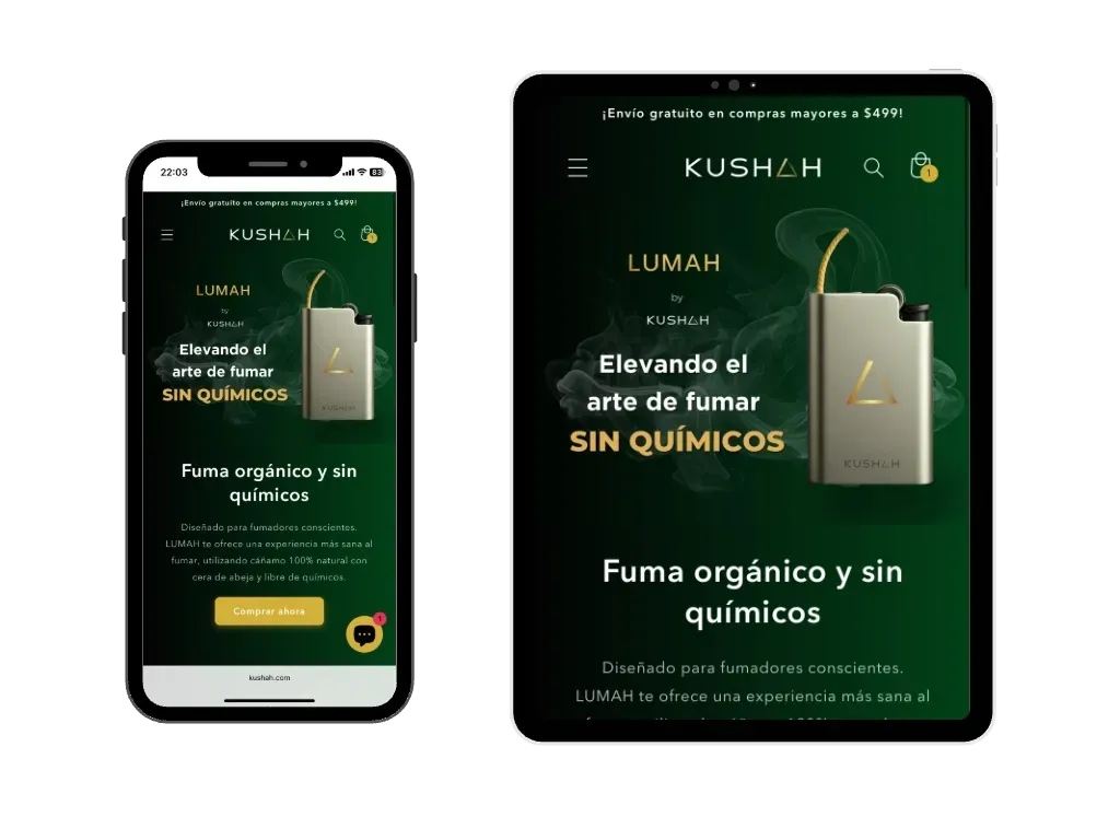 Diseño móvil responsivo de la marca KUSHAH con estética aspiracional desarrollado por AGANTMEDIA